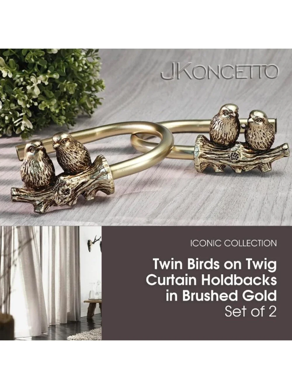 Elegant Gold Curtain Holdbacks with Twin Birds Finials - Set of 2 Drapery Hooks